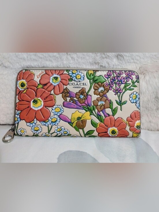 Coach Handbags - Coach Floral Zip Wallet in Coral, Cream & Yellow